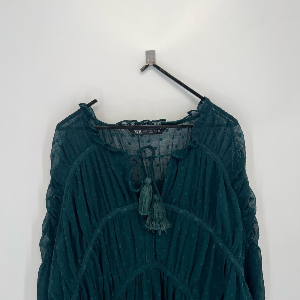 Zara Flowy Tiered Front Tie Tassel Swiss Dot Babydoll Sheer Sleeve Mini Dress
